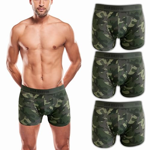 USA Griffin Boxershorts Herren Unterhosen Männer Unterwäsche Men Shorts Pants Baumwolle Underwear Bottoms Boxers 3er Pack (DE/NL/SE/PL, Alphanumerisch, XXL, Regular, Regular, Camouflage Olive) von USA Griffin