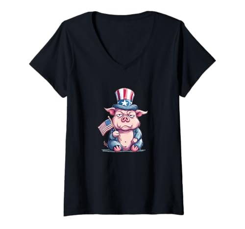 Damen Grumpy Pig Kostüm in US-Kleidung T-Shirt mit V-Ausschnitt von USA Pig Outfit