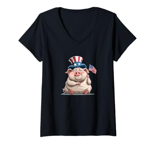 Damen Lazy Pig Kostüm in USA Kleidung für Jungen und Mädchen T-Shirt mit V-Ausschnitt von USA Pig Outfit