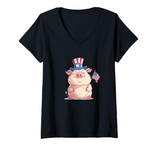 Damen Lustiges lächelndes US-Schwein in patriotischer Kleidung Kostüm T-Shirt mit V-Ausschnitt von USA Pig Outfit