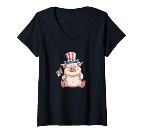 Damen Patriotischer Zylinder Schwein mit Amerika Farben Kostüm T-Shirt mit V-Ausschnitt von USA Pig Outfit