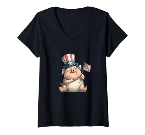 Damen Schönes Schwein in US-Farben Kostüm für Mann und Frau T-Shirt mit V-Ausschnitt von USA Pig Outfit