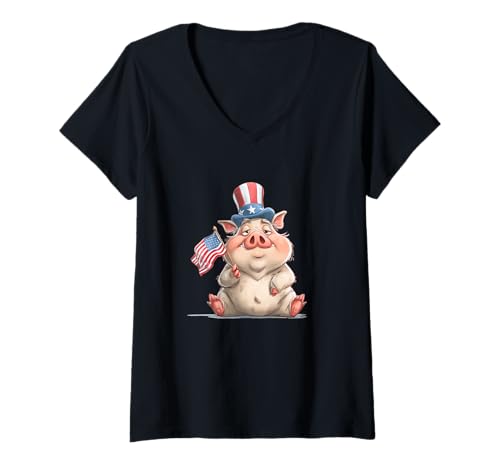 Damen Tolles Schweine-Kostüm in US-Farben für Erwachsene und Kinder T-Shirt mit V-Ausschnitt von USA Pig Outfit