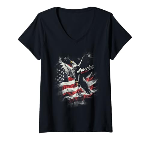 Damen Amerika 1776 2026 Adlerflagge Viertel Millenium T-Shirt mit V-Ausschnitt Damen Amerika 1776 2026 Adlerflagge Viertel Millenium T-Shirt mit V-Ausschnitt von USA Quarter Milenium Celebration Eagle Flag Thirts