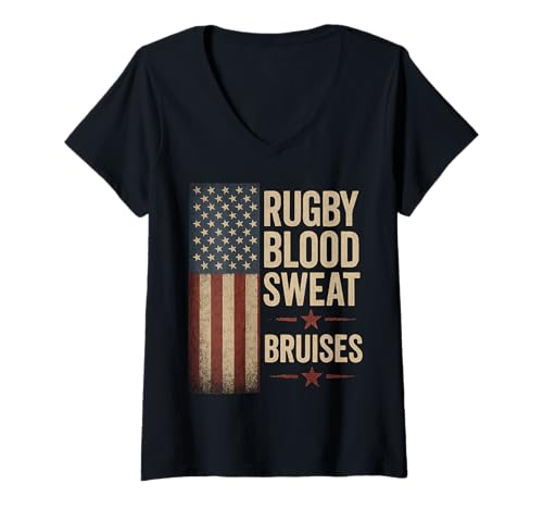Damen Rugby Blood Sweat Prellungen T-Shirt mit V-Ausschnitt Damen Rugby Blood Sweat Prellungen T-Shirt mit V-Ausschnitt von USA Rugby American Flag 4th of July Patriotic Gift