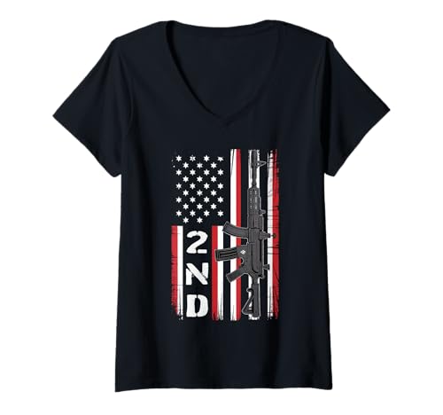 Damen Pro 2. Gewehr auf Distressed American Flag USA Patriot 2A T-Shirt mit V-Ausschnitt Damen Pro 2. Gewehr auf Distressed American Flag USA Patriot 2A T-Shirt mit V-Ausschnitt von USA Second Amendment Rifle Flag Patriotic Freedom