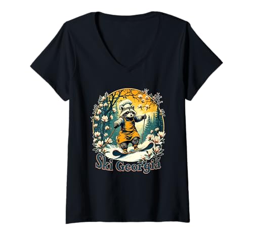 Damen Süßer Waschbär Skifahren in Georgia Art T-Shirt mit V-Ausschnitt von USA States Fun