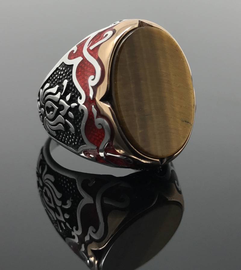 Handgemachte 925K Anhänger Sterling Silber Natürlichen Tigerauge Stein Herrenring Mit Rot Emaillierten Beidseitig - Hervorragende Geschenk von USAKARSILVER