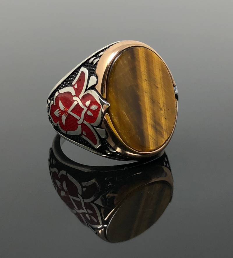 Handgemachte 925K Anhänger Sterling Silber Natürlichen Tigerauge Stein Herrenring Mit Rot Emaillierten Beidseitig - Hervorragende Geschenk von USAKARSILVER