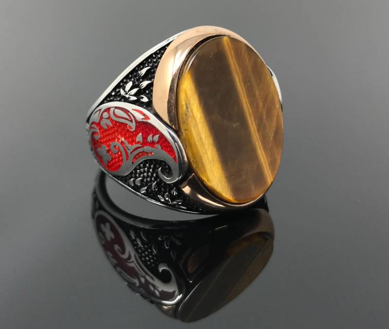 Handgemachte 925K Anhänger Sterling Silber Natürlichen Tigerauge Stein Herrenring Mit Rot Emaillierten Beidseitig - Hervorragende Geschenk von USAKARSILVER