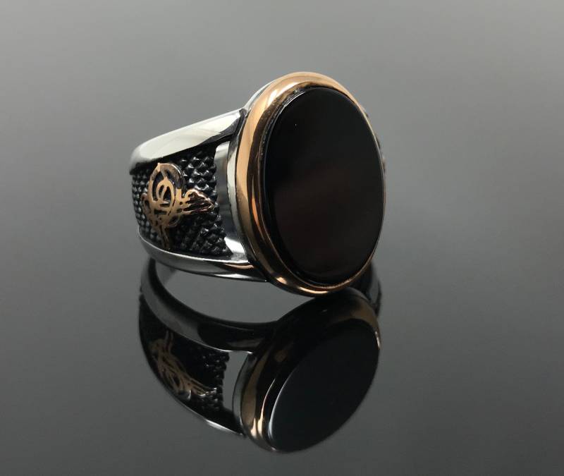 Handgemachte 925K-Ring Sterling Silber Natürlichen Ovalen Schwarzen Onyx Stein Sultan Signatur Herren - Hervorragende Geschenk von USAKARSILVER