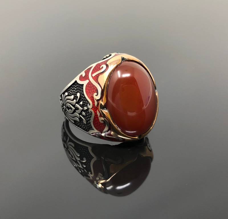 Handgemachte 925K Silber Achat Stein Herrenring Mit Rot Emailliert Auf Seiten - Hervorragende Geschenk von USAKARSILVER