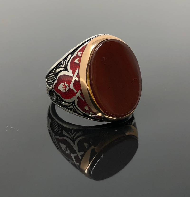 Handgemachte 925K Silber Achat Stein Herrenring Mit Rot Emailliert Auf Seiten - Hervorragende Geschenk von USAKARSILVER