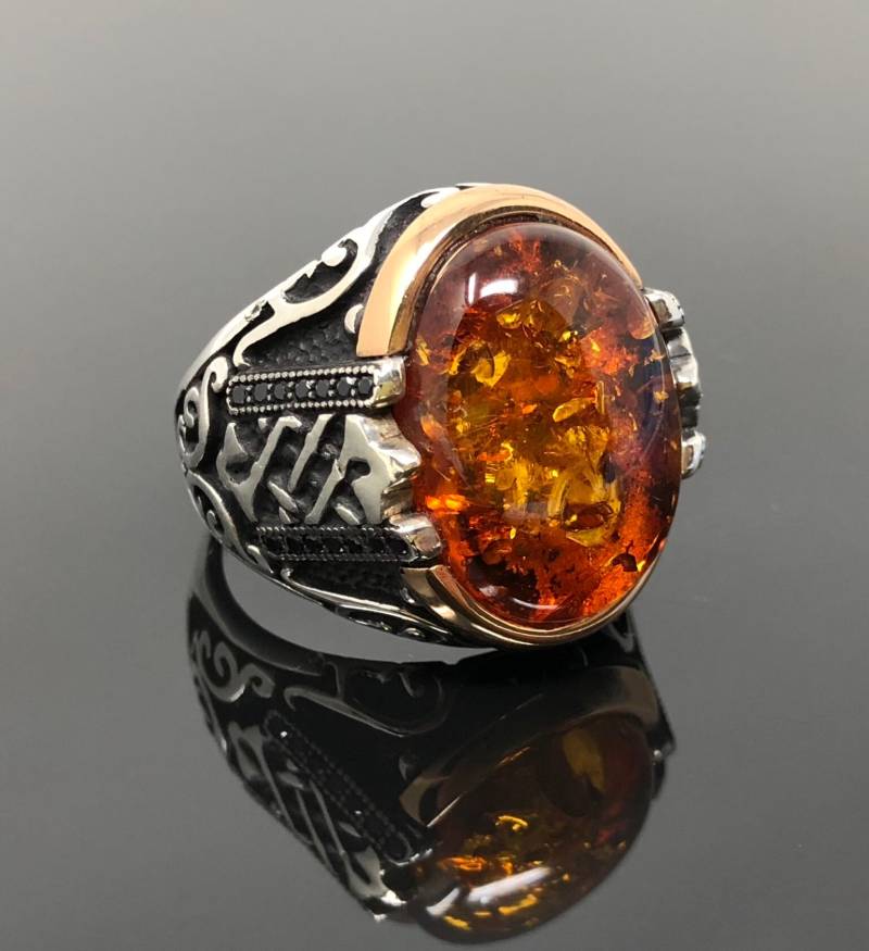 Handgemachte 925K Silber Honig Bernstein Herren Ring Mit Zirkonia Steine Auf Seiten - Hervorragende Geschenk von USAKARSILVER