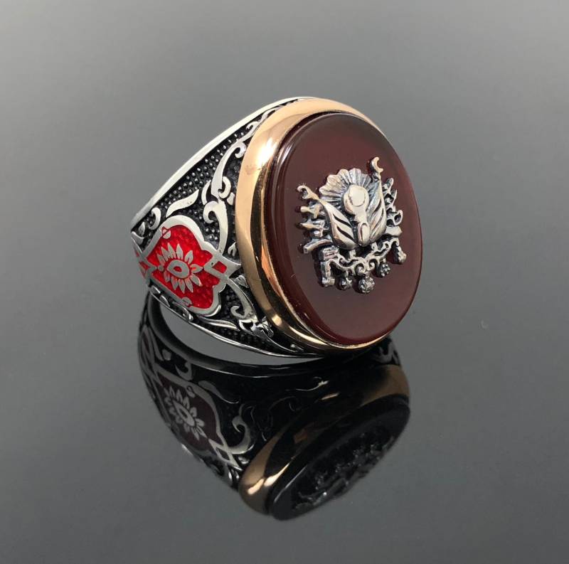 Handgemachte 925K Sterling Siberrot Sie Achat Stein Herren Ring Mit Rot Emailliert Auf Seiten - Hervorragende Geschenk von USAKARSILVER