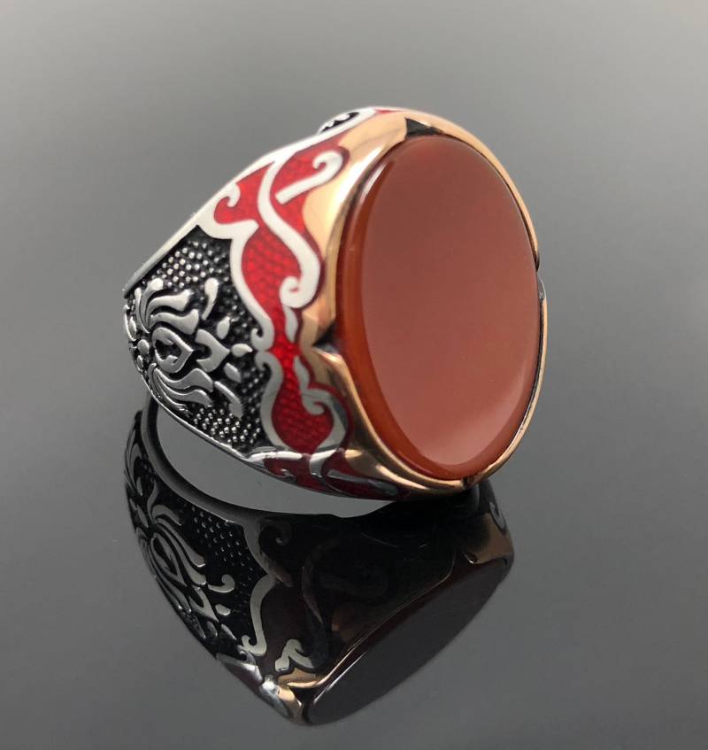 Handgemachte 925K Sterling Siberrot Sie Achat Stein Herren Ring Mit Rot Emailliert Auf Seiten - Hervorragende Geschenk von USAKARSILVER