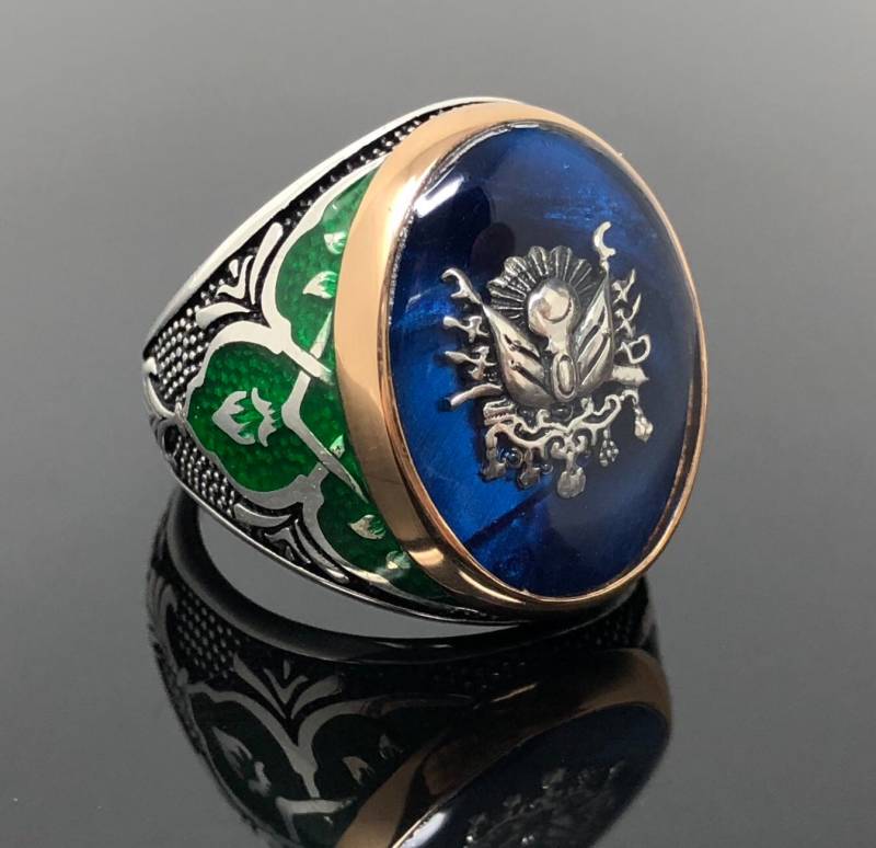 Handgemachte 925K Sterling Silber Blau Emailliert Sultan Signatur Herrenring Mit Grün Emaillierten Tulpe Auf Seite - Hervorragende Geschenk von USAKARSILVER