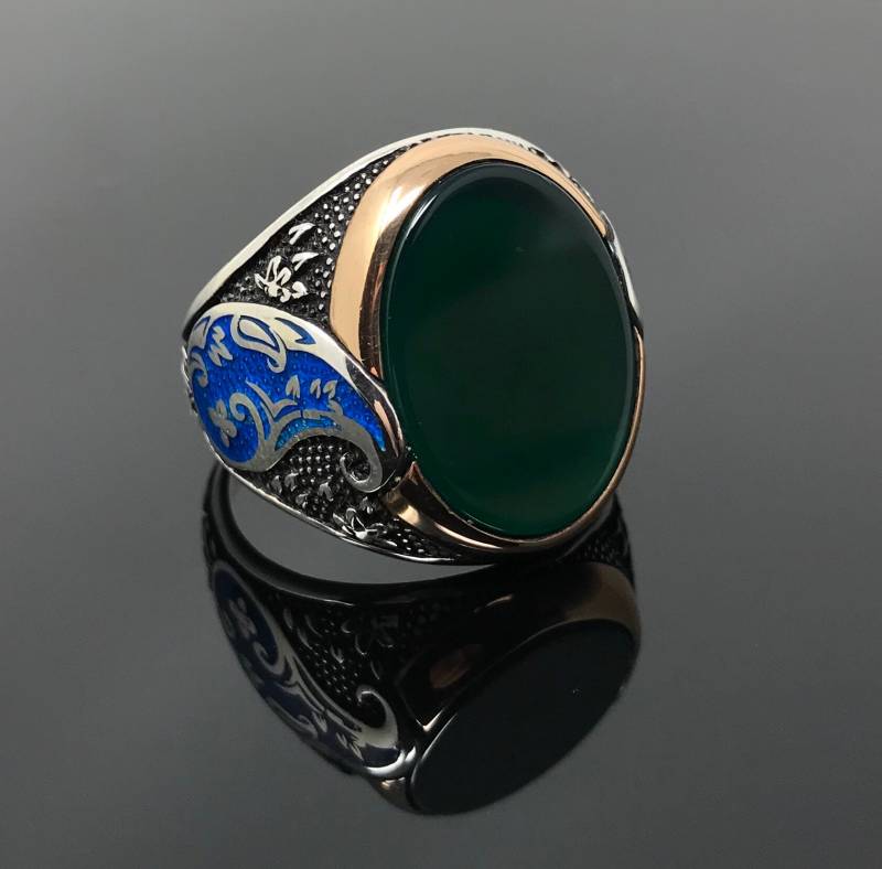 Handgemachte 925K Sterling Silber Grüner Achat Stein Herrenring Mit Blau Emailliert Auf Seiten - Hervorragende Geschenk von USAKARSILVER