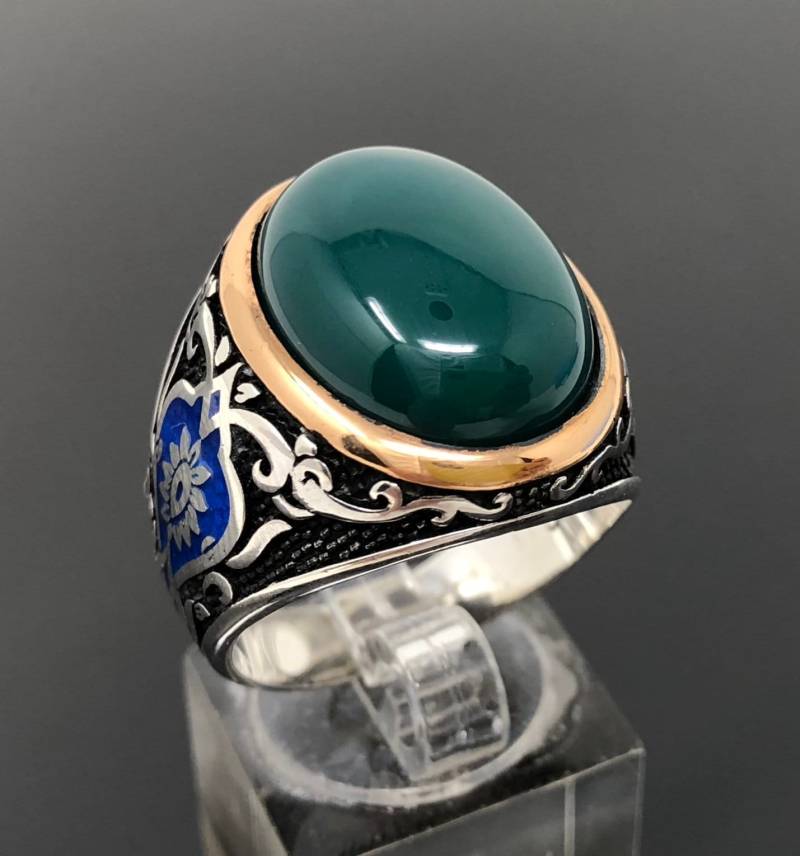 Handgemachte 925K Sterling Silber Grüner Achat Stein Herrenring Mit Blau Emailliert Auf Seiten - Hervorragende Geschenk von USAKARSILVER