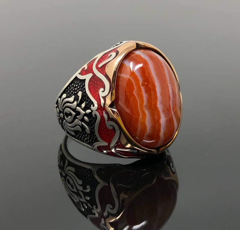 Handgemachte 925K Sterling Silber Natürliche Marmor Achat Stein Herrenring Mit Rot Emailliert Auf Seiten - Hervorragende Geschenk von USAKARSILVER