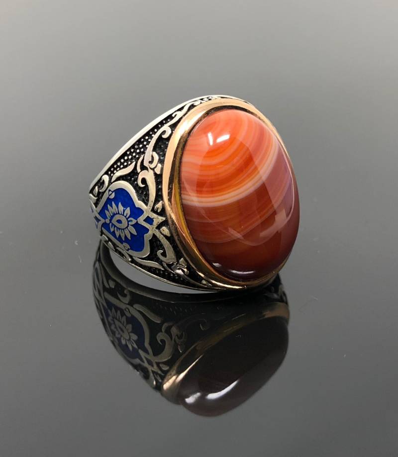 Handgemachte 925K Sterling Silber Natürliche Rot Marmor Achat Stein Herrenring Mit Blau Emailliert Auf Seiten - Hervorragende Geschenk von USAKARSILVER