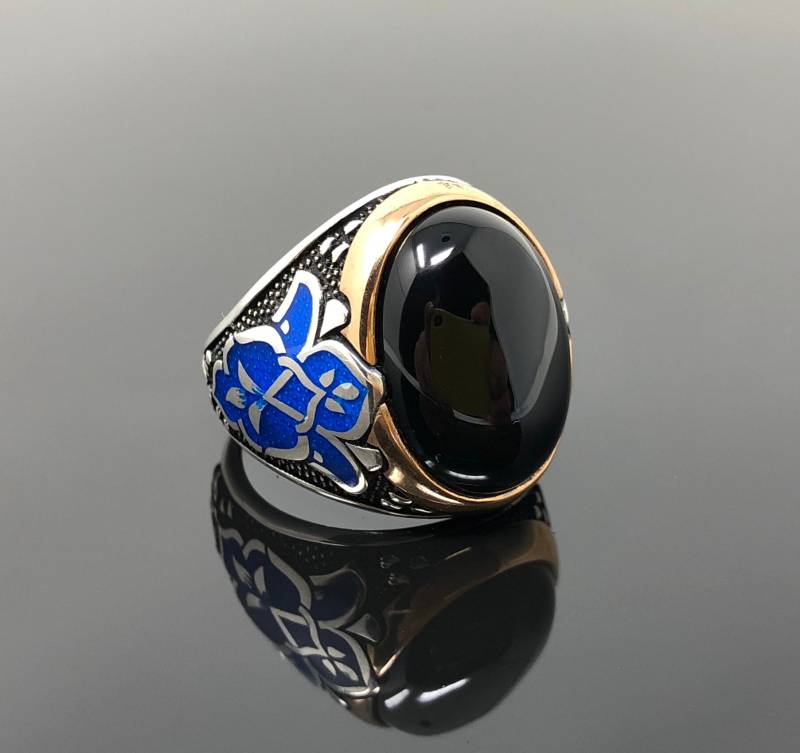 Handgemachte 925K Sterling Silber Natürlichen Schwarzen Onyx Stein Herren Ring Mit Blau Emailliert Tulpe Auf Seite-Hervorragende Geschenk von USAKARSILVER