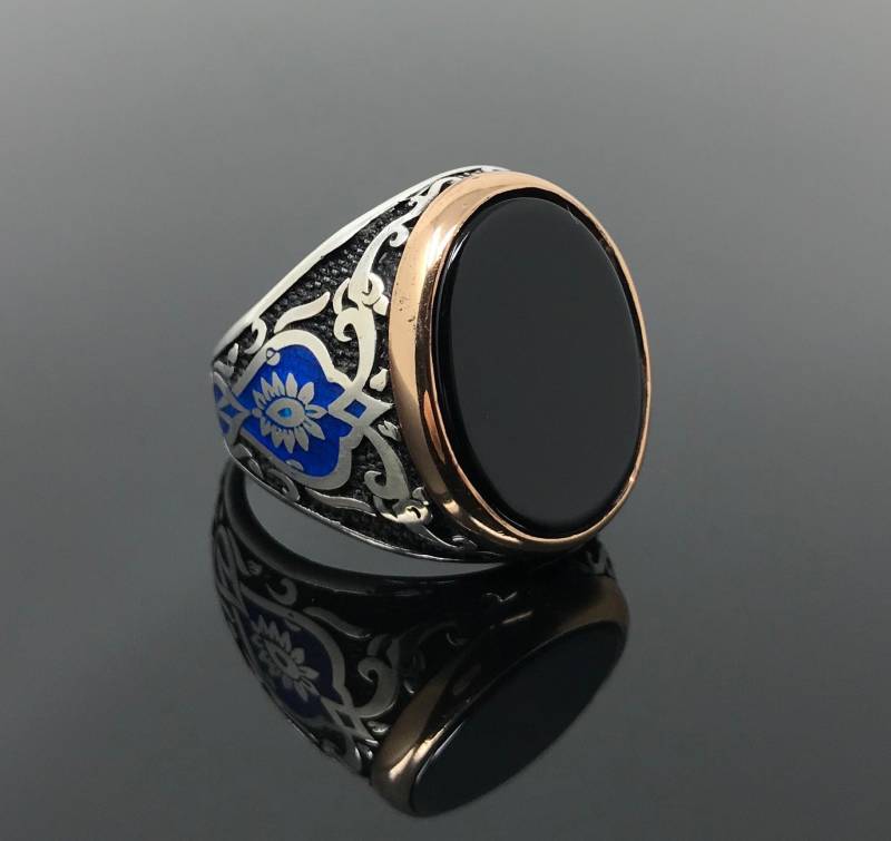 Handgemachte 925K Sterling Silber Natürlichen Schwarzen Onyx Stein Herren Ring Mit Blau Emailliert Tulpe Auf Seite-Hervorragende Geschenk von USAKARSILVER