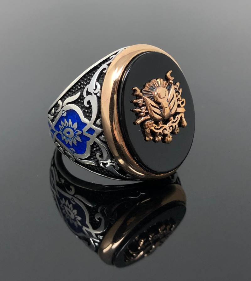 Handgemachte 925K Sterling Silber Natürlichen Schwarzen Onyx Stein Sultan Signatur Herrenring Mit Blau Emailliert Tulpe Auf Seite-Hervorragende von USAKARSILVER