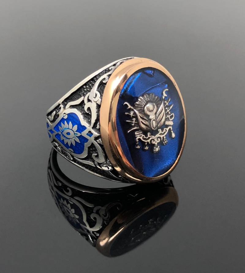 Handgemachte 925K Sterling Silver Ocean Pearl Emailliert Sultan Signatur Herrenring Mit Blau Emaillierten Tulpe Auf Seite - Hervorragende Geschenk von USAKARSILVER