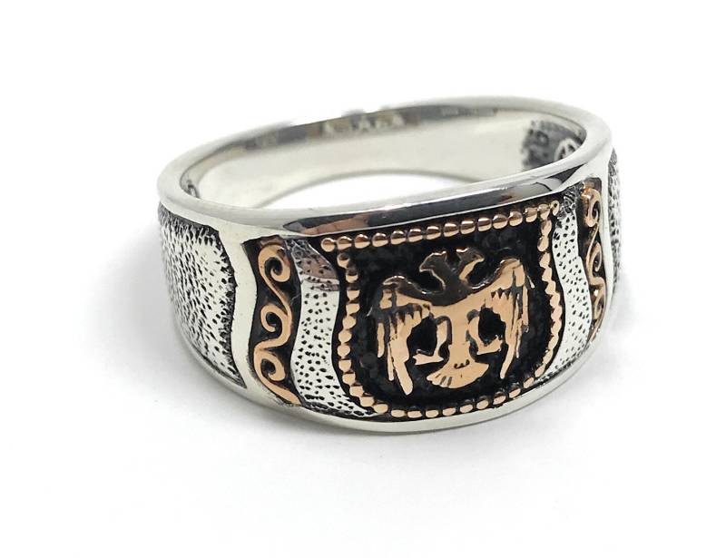 Handgemachter 925K Sterling Silber Doppelkopf Adler Eleganter Herrenring/Band - Außergewöhnliches Geschenk von USAKARSILVER
