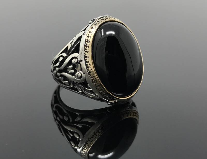 Handgemachter 925K Sterling Silber Natürlicher Oval Schwarzer Onyx Stein Eleganter Herrenring - Außergewöhnliches Geschenk von USAKARSILVER