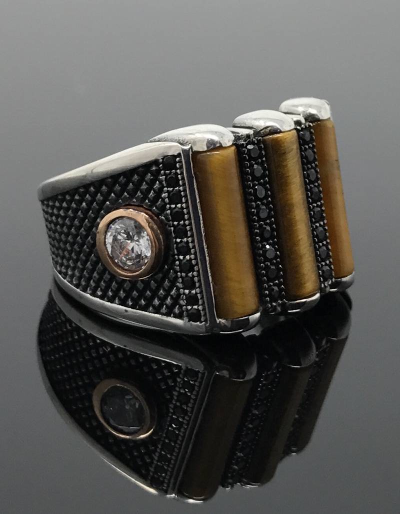 Handgemachter 925K Sterling Silber Natürlicher Tigerauge Stein Herrenring Mit Cubic Zirkon Steinen -Hervorragendes Geschenk von USAKARSILVER