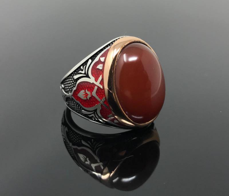 Handgemachter 925K Sterling Silber Roter Achat Stein Herrenring Mit Rot Emaillierten Seiten - Außergewöhnliches Geschenk von USAKARSILVER