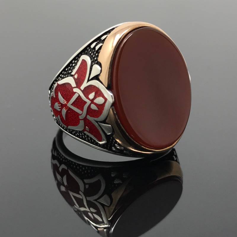 Handgemachter 925K Sterling Silberroter Achat Herrenring Mit Roter Emaille An Den Seiten - Ein Außergewöhnliches Geschenk von USAKARSILVER