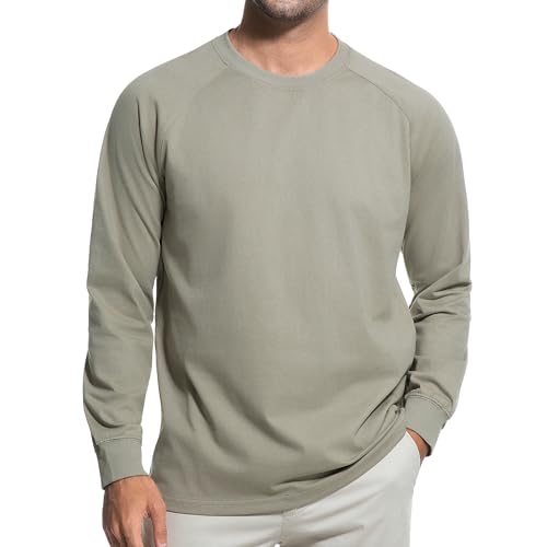USALL Herren Langarmshirt aus Baumwolle Einfarbig Männer T-Shirt mit Langen Ärmeln Freizeithemd Vintage Casual Schwergewicht T Shirt(025 Khaki S) von USALL