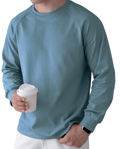 USALL Herren Langarmshirt aus Baumwolle Einfarbig Männer T-Shirt mit Langen Ärmeln Freizeithemd Vintage Casual Schwergewicht T Shirt(025 LightBlue S) von USALL