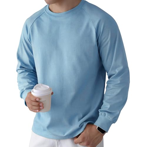USALL Herren Langarmshirt aus Baumwolle Einfarbig Männer T-Shirt mit Langen Ärmeln Freizeithemd Vintage Casual Schwergewicht T Shirt(025 LightBlue XL) von USALL