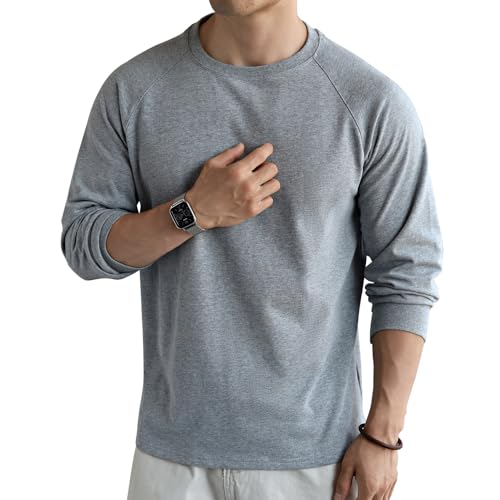 USALL Herren Langarmshirt aus Baumwolle Einfarbig Männer T-Shirt mit Langen Ärmeln Freizeithemd Vintage Casual Schwergewicht T Shirt(025 LightGray M) von USALL