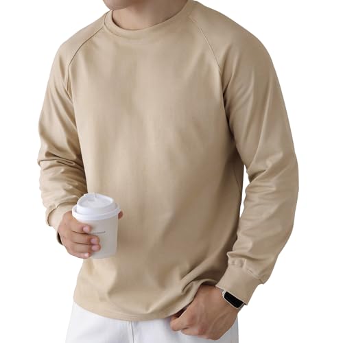 USALL Herren Langarmshirt aus Baumwolle Einfarbig Männer T-Shirt mit Langen Ärmeln Freizeithemd Vintage Casual Schwergewicht T Shirt(025 LightYellow XL) von USALL