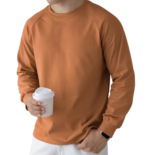 USALL Herren Langarmshirt aus Baumwolle Einfarbig Männer T-Shirt mit Langen Ärmeln Freizeithemd Vintage Casual Schwergewicht T Shirt(025 Orange M) von USALL