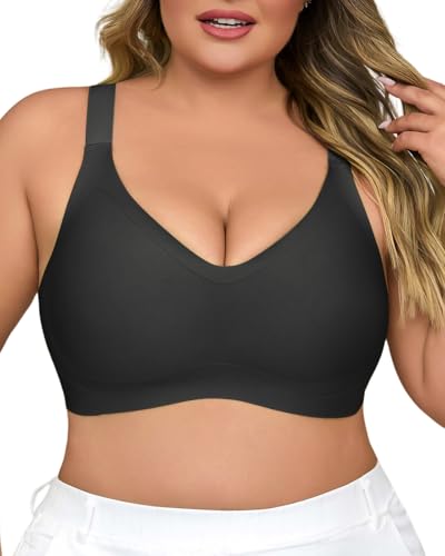 USEASY Plus Größe drahtlose BHS für Frauen V Hals Nahtlose BHS Komfort volle Abdeckung Push-up Soft Cup BH Schwarz 4XL von USEASY