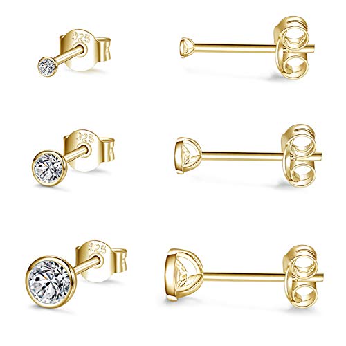 Golden Ohrstecker Silber 925-3 Paar Klein Sterling Silber Ohrstecker Ohrringe Set mit Zirkonia Schlafen Knorpel Tragus Modeschmuck für Damen Herren Geschenke 2/3/4mm von USEEDOVIA