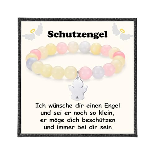USEEDOVIA Armband Schutzengel mit Engel Charms Anhänger Perlenarmband Stein Pink/Geld/Hellblau Beads Gesundheit Geschenke Glücksbringer Mädchen Tochter Kinder von USEEDOVIA