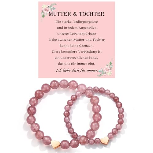 USEEDOVIA Armband für Mutter & Tochter Rosa Beads 8 mm & 6 mm Groß Klein Pink Kristallperlen mit Rosegold Charm Herz Armband 2 Stück Armbänder Set Tochter Mama Geschenke von USEEDOVIA