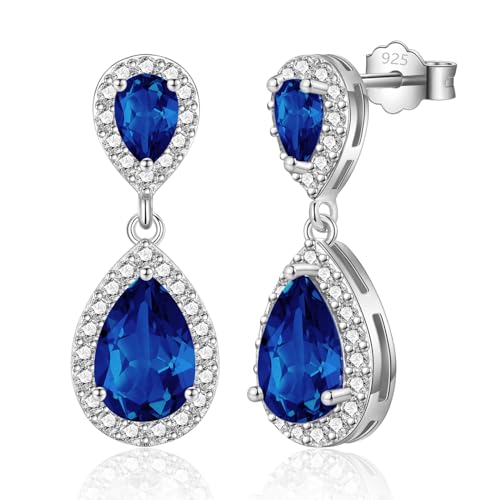 USEEDOVIA Ohrringe Blau Tropfen Glitzer Ohrstecker AAA Zirkonia Stecker Silber 925 Wassertropfen Dunkelblau großer Anhänger Weiß Vergoldet Hochzeit Schmuck Braut Wedding Bride von USEEDOVIA