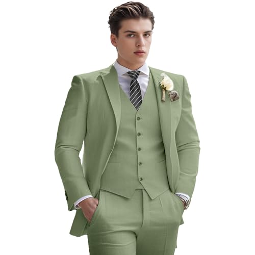 Herren Leinenanzug 3-teilig Sommer Slim Fit Retro Blazer Anzüge Set Strand Hochzeit Party Trauzeugen Abschlussball Jacke Weste Hose, Hellgrün, L Herren Leinenanzug 3-teilig Sommer Slim Fit Retro Blazer Anzüge Set Strand Hochzeit Party Trauzeugen Abschlussball Jacke Weste Hose, Hellgrün, L von USFU