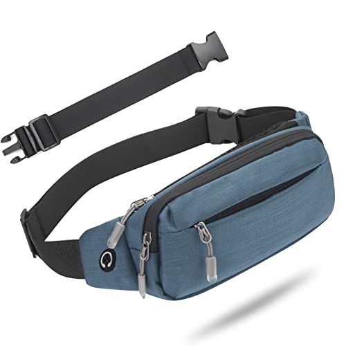 USHAKE Bauchtasche mit Verlängerung für Männer oder Frauen, mittlere Größe, Hüfttasche mit 3 Reißverschlusstaschen, verstellbare Träger für Freizeitreisen, Wandern, Blau Grau, one size for all von USHAKE