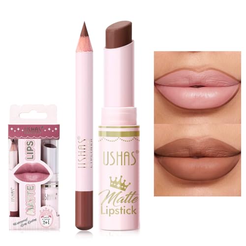 2 in 1 Lippenstift und Lipliner Set, Wasserfester Lippenstift und 24-Stunden-Lipliner Lippenstift, langanhaltende Lippenstifte für Frauen, Matter Lippenstift mit von "USHAS