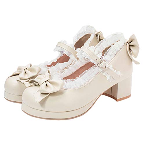 USHOBE 1 Paar Dicker Hoher Absatz Flacher Mund Mary-Janes-Schuhe Bogen Fersen Knöchelriemenschuhe Mit Runder Zehenpartie Plateaupumps Für Damen Fräulein Schulschuhe Dicker Boden von USHOBE