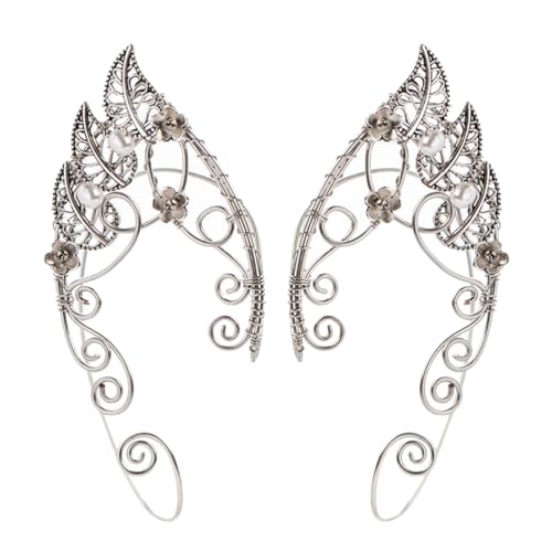 USHOBE 1 Paar Elf Ohrmanschetten für Frauen Handgefertigtes Clip- auf Elfenmanschette Wrap Ohrringe Perlenperlen Flügel Ohrring Non Piercing Ohrclip für Fairy Halloween Kostüm Cosplay von USHOBE